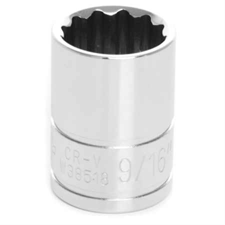 PERFORMANCE TOOL Chrome Socket, 3/8" Drive, 9/16", 12 Point, Shallow W38518